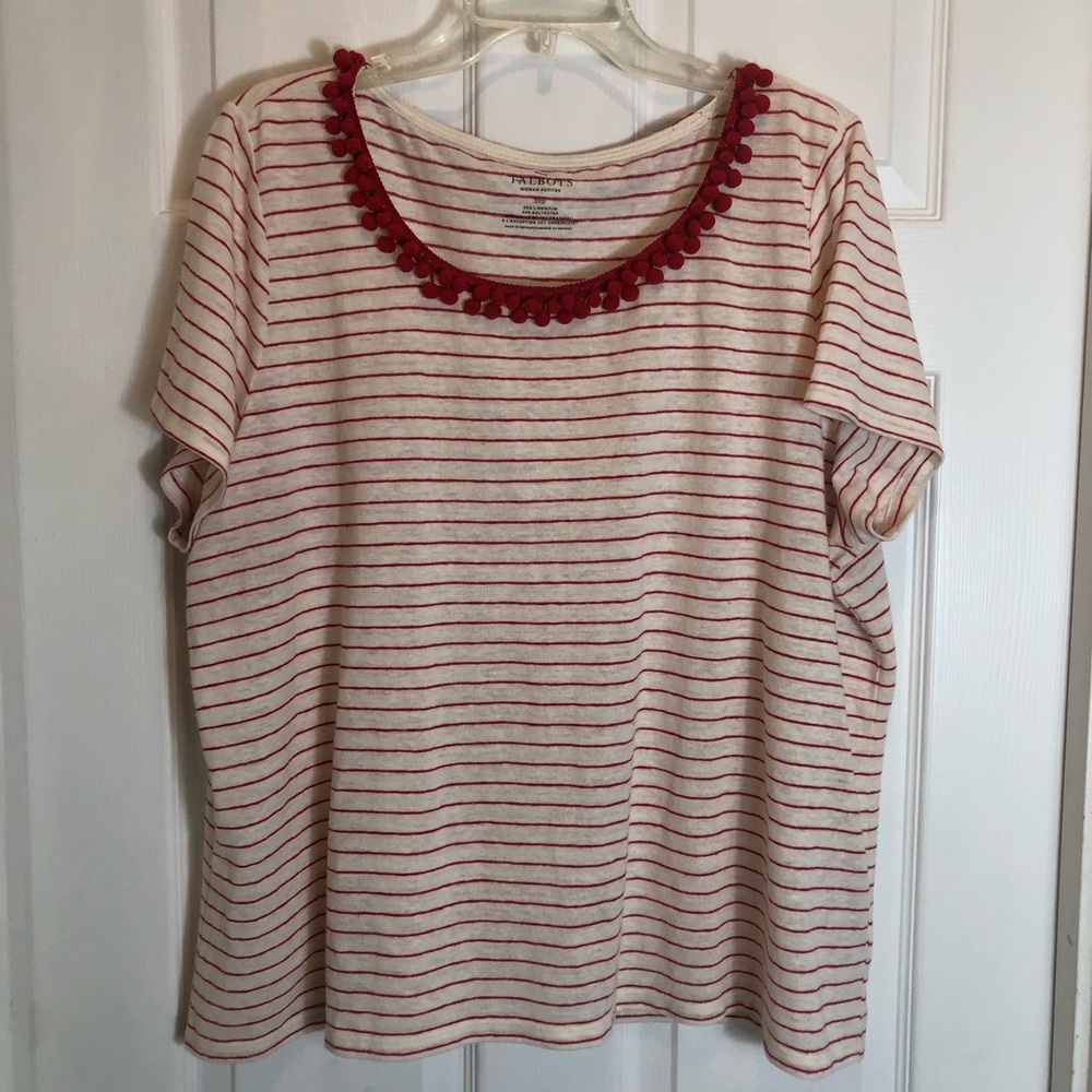 Talbots Red and White Stripes Short Sleeve Top With Pom Pom Trim Size 3XP